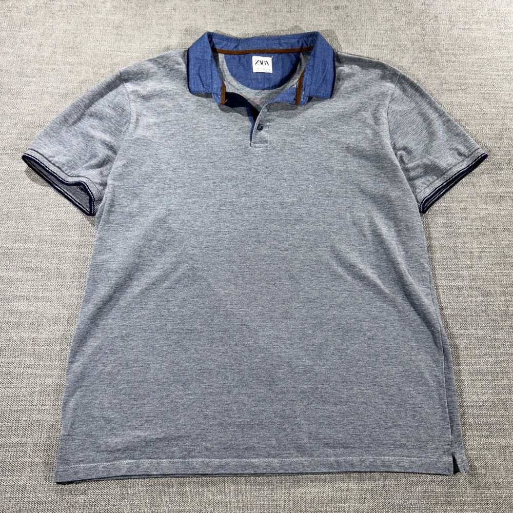Zara‎ Polo Shirt Mens XXL Blue Excellent Textured Short Sleeve Chambray Collar